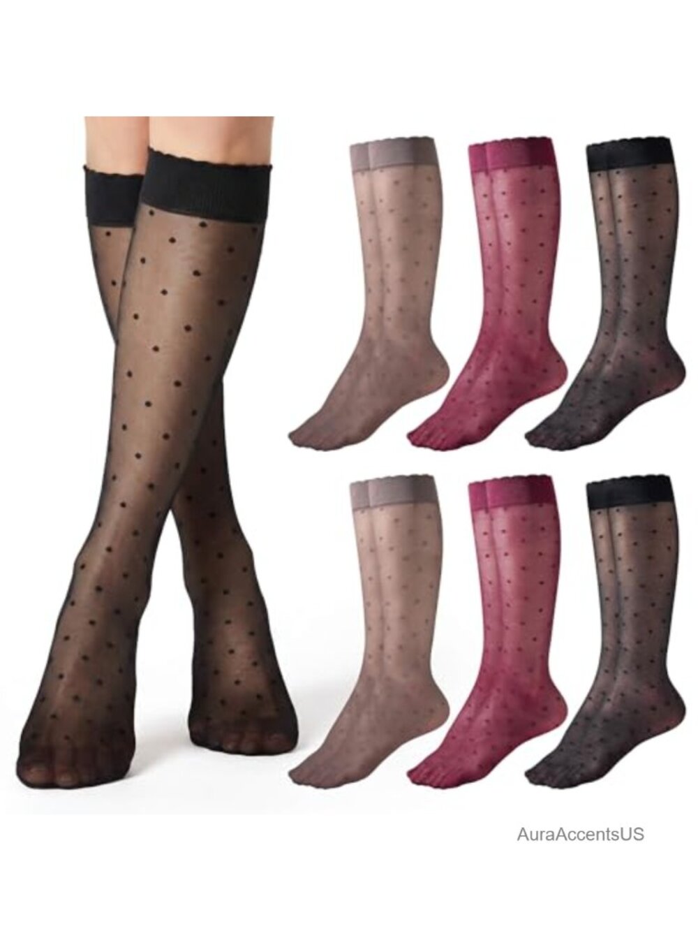 Sheer Nylon Knee High Socks Polka Dot 6 Pair Value Pack Ruffle Cuff Dress Socks